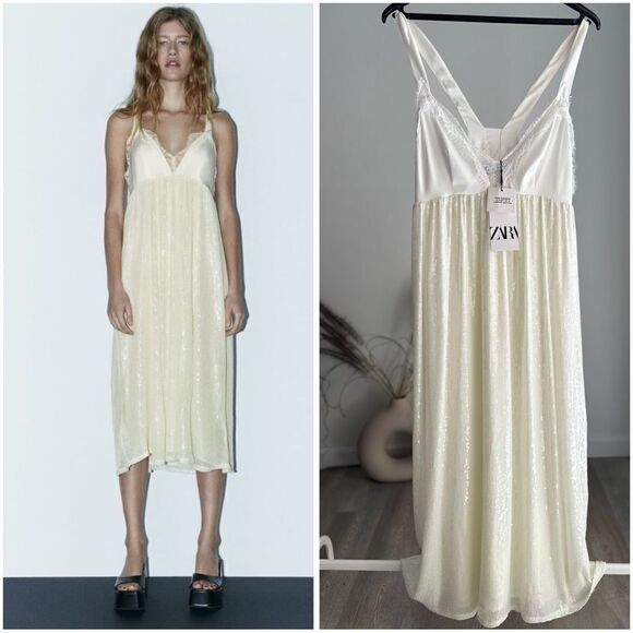 ZARA SEQUIN KNIT SLIP DRESS OFF WHITE - Picture 1 of 4